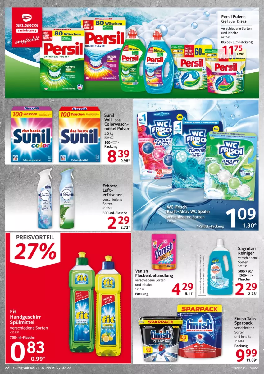 Aktueller Prospekt Selgros - Food - von 21.07 bis 27.07.2022 - strona 22 - produkty: bio, elle, ente, febreze, Finish, flasche, kraft, minze, persil, reiniger, rwe, sagrotan, sunil, Ti, universal pulver, vanish, Yo