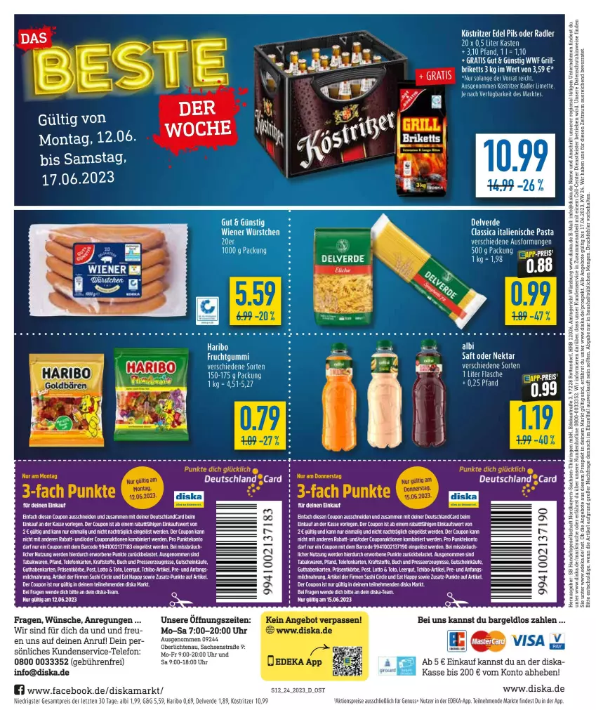 Aktueller Prospekt Diska - Prospekte - von 12.06 bis 17.06.2023 - strona 12 - produkty: aktionspreis, angebot, angebote, briketts, buch, coupon, deka, deutschland card, eis, ente, erde, grill, guthabenkarte, gutschein, haribo, italienische pasta, köstritzer, kraft, limette, Mett, nuss, pasta, radler, reis, Tchibo, telefon, Ti, Toyo, uhr, Yo, ZTE