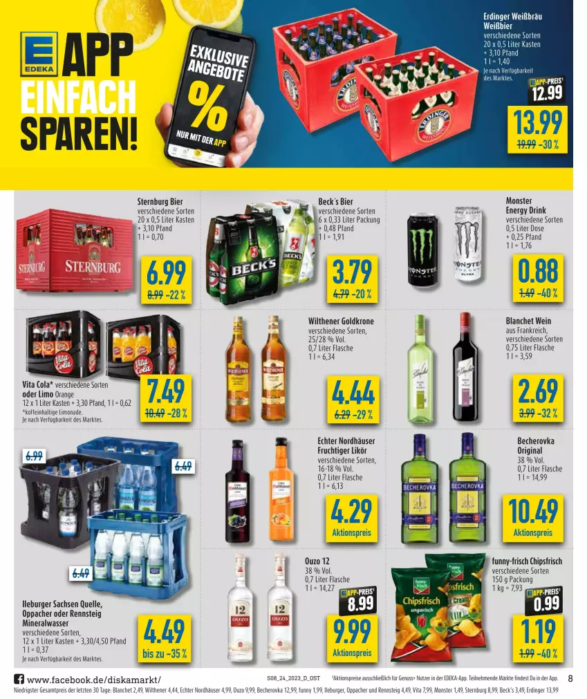 Aktueller Prospekt Diska - Prospekte - von 12.06 bis 17.06.2023 - strona 8 - produkty: aktionspreis, Alwa, Becher, Becherovka, beck's, becks, bier, burger, chips, chipsfrisch, cola, deka, drink, eis, elle, energy drink, erdinger, flasche, frucht, funny-frisch, gin, goldkrone, hero, krone, likör, limo, limonade, mineralwasser, monster, nuss, orange, ouzo, reis, sac, Sternburg, Ti, vita, Vita C, wasser, wein, wilthener, Wilthener Goldkrone, ZTE