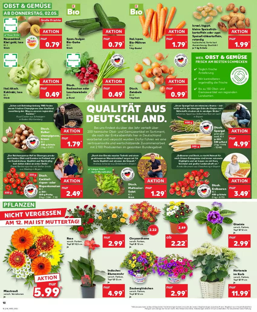 Aktueller Prospekt Kaufland - Prospekt - von 02.05 bis 08.05.2024 - strona 10 - produkty: angebot, Bad, ball, Bau, beere, beeren, beutel, bio, blume, blumen, braun, champignon, champignons, cocktail, eis, elle, ente, erdbeere, erdbeeren, erde, früchte, Frühkartoffeln, Gewächshaus, gurke, hortensie, kartoffel, kartoffeln, kiwi, Kiwi Gold, kohlrabi, korb, Lauchzwiebel, lauchzwiebeln, leine, LG, möhren, obst, Obst und Gemüse, pflanze, pflanzen, radieschen, reis, Ria, ring, rispentomaten, sac, salat, Schal, Schale, spargel, speisefrühkartoffeln, Ti, tomate, tomaten, topf, topf ø 12 cm, trolli, und gemüse, wasser, zauberglöckchen, ZTE, zwiebel, zwiebeln