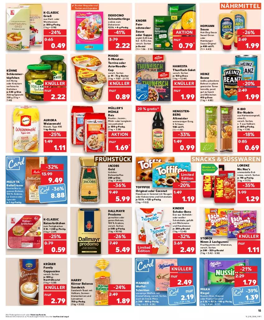 Aktueller Prospekt Kaufland - Prospekt - von 02.05 bis 08.05.2024 - strona 15 - produkty: angebot, angebote, beanz, Becher, bellacrema, beutel, bio, blume, blumen, bohne, bohnen, bohnenkaffee, brötchen, burger, Cap, cappuccino, caramel, cin, coconut, creme, dallmayr, dallmayr prodomo, eier, eis, ente, erdnüsse, essig, feinschmecker, fisch, frucht, fruchtgummi, fruchtgummis, geback, gewürz, gin, hamburger, hartweizen, haselnuss, hawesta, heinz, hengstenberg, Hengstenberg Altmeister, homann, honig, jacobs, Jacobs Gold, kaffee, Kaiser, Kinder, knorr, kokos, korn, kräuter, kräutern, krüger, Kühne, lachgummi, Langkornreis, lorenz, löslicher bohnenkaffee, maggi, Manner, Mantel, mehl, Meister, melitta, Mett, milch, milka, Müller, nic nac's, Nimm 2, nudel, nudeln, nuss, oder kräuter, oreo, prodomo, reis, riegel, risotto, röstkaffee, salat, sandwich, sauce, schlemmertöpfchen, Schmetterling, schnitten, schoko, schoko-bons, schokolade, snack, snacks, sonnenblume, sonnenblumen, Sonnenblumenkerne, sonnenblumenkernen, Soße, Speck, storck, suppe, süsswaren, terrine, thunfisch, Ti, toast, toffifee, tomate, tomaten, Töpfchen, torte, type 405, vita, Vitamine, vollmilch, waffeln, Waffelschnitte, wein, weizenmehl, würstchen, ZTE