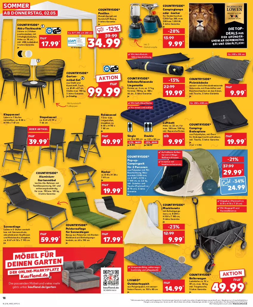 Aktueller Prospekt Kaufland - Prospekt - von 02.05 bis 08.05.2024 - strona 18 - produkty: akku, angebot, angebote, bett, bollerwagen, decke, deka, eis, Garten, gartenmöbel, hocker, insektenschutz, kissen, klappsessel, Kocher, kopfkissen, ladekabel, Lampe, Leuchte, Liege, luftbett, möbel, moskitonetz, pavillon, picknickdecke, rel, relaxsessel, Schutznetz, sekt, sessel, sonnenliege, sonnenschutz, stapelsessel, strümpfe, Stühl, Tasche, taschen, teppich, Ti, Tiere, tisch, tischleuchte, tragetasche, usb, wasser, Zelt, ZTE