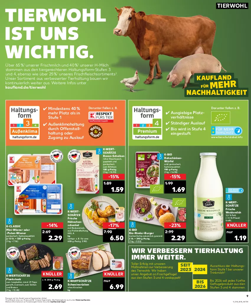 Aktueller Prospekt Kaufland - Prospekt - von 02.05 bis 08.05.2024 - strona 9 - produkty: angebot, angebote, bacon, Bau, bio, braten, burger, eis, Flanksteak, fleisch, Frische Hähnchen, Geflügel, gewürz, grill, hähnchenschenkel, henkel, jungbullen, küche, Küchen, LG, milch, natur, pute, rind, rinder, rohschinken, schenkel, schinken, schwein, schweine, schweinerücken, Speck, spitzenqualität, steak, Ti, weidemilch, wein, weine, wiener, würfel