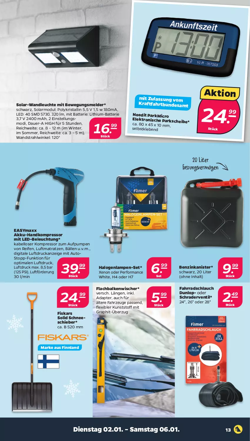 Aktueller Prospekt Netto - Woche 1 - von 02.01 bis 06.01.2024 - strona 13 - produkty: adapter, akku, auer, auto, batterie, beleuchtung, benzinkanister, dunlop, easymaxx, Elektro, Fahrrad, fiskars, kompressor, kraft, Lampe, led-beleuchtung, Leuchte, luftmatratze, matratze, matratzen, mit led-beleuchtung, ndk, reifen, schlauch, Ti