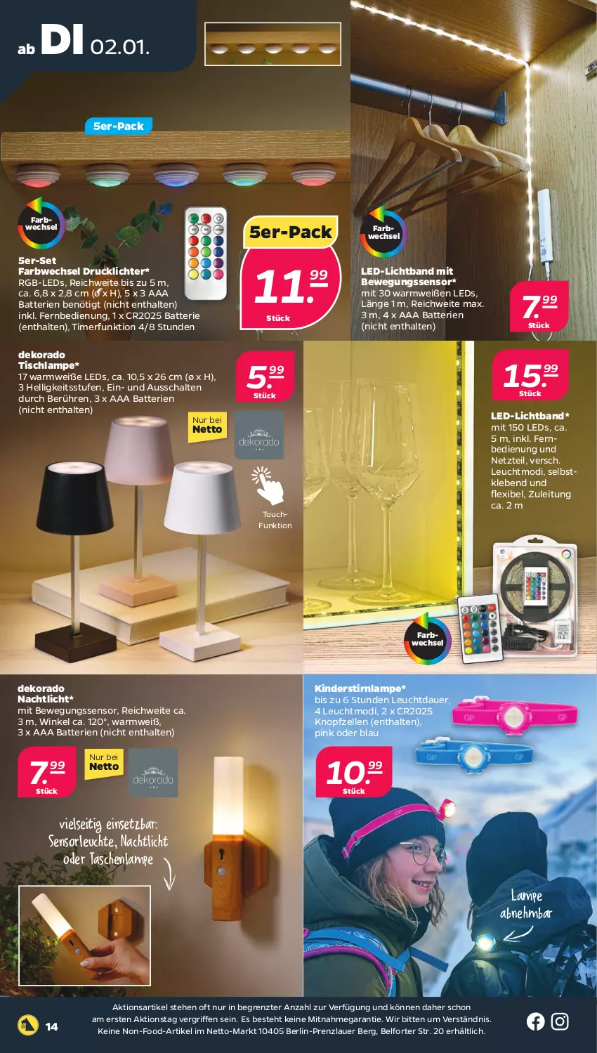 Aktueller Prospekt Netto - Woche 1 - von 02.01 bis 06.01.2024 - strona 14 - produkty: auer, batterie, batterien, Bewegungssensor, elle, fernbedienung, Kinder, Lampe, led-licht, leds, Leuchte, Nachtlicht, Schal, Tasche, taschen, taschenlampe, Ti, timer, tisch, Tischlampe, ZTE