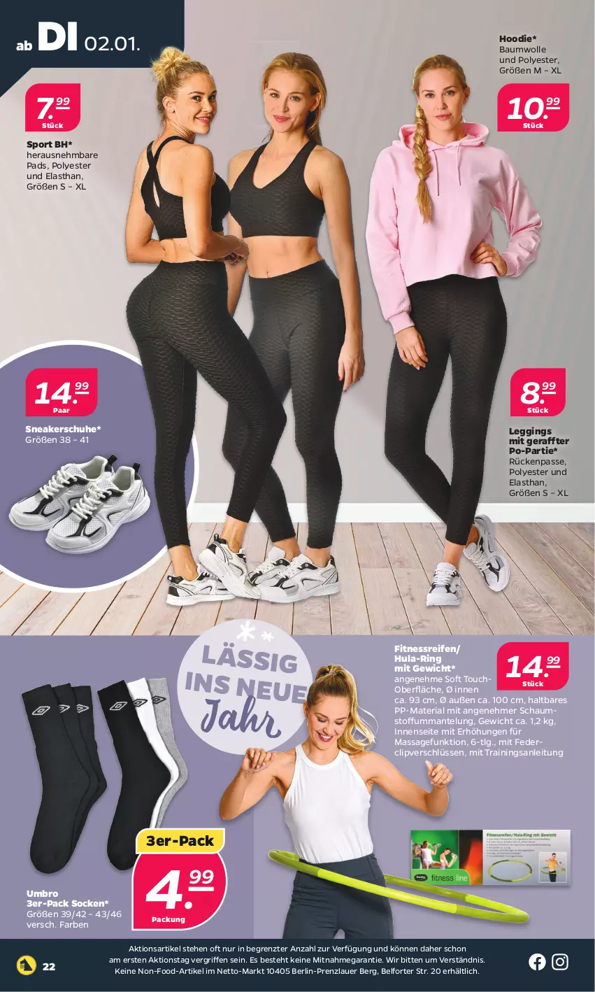 Aktueller Prospekt Netto - Woche 1 - von 02.01 bis 06.01.2024 - strona 22 - produkty: auer, Bau, baumwolle, gefu, gin, leggings, LG, Mantel, reifen, Ria, ring, schuhe, sneaker, socken, Sport, Ti, Umbro, wolle, ZTE