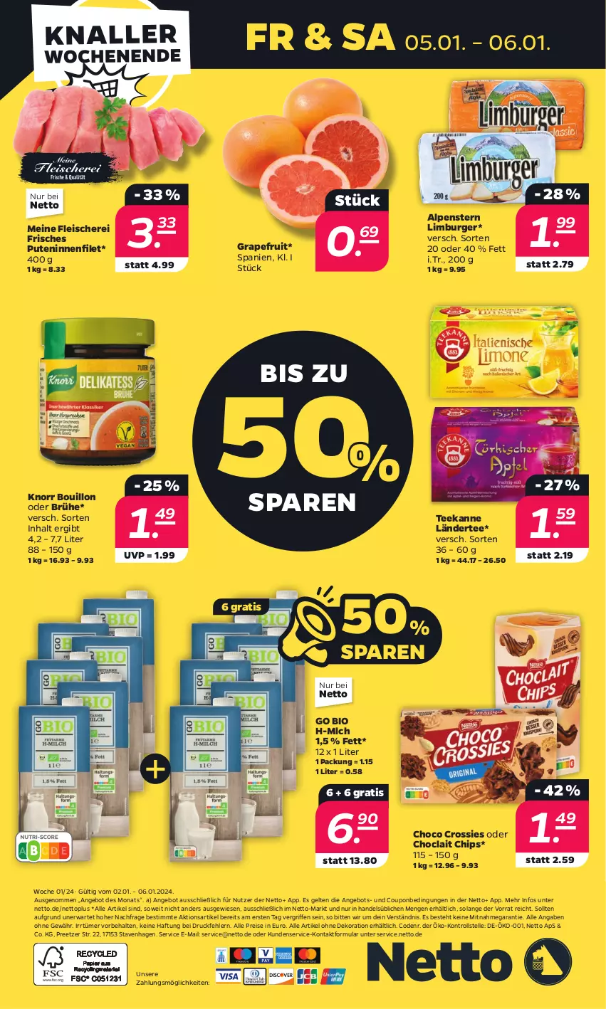 Aktueller Prospekt Netto - Woche 1 - von 02.01 bis 06.01.2024 - strona 32 - produkty: alle artikel ohne dekoration, angebot, bio, Brühe, burger, chips, choclait chips, choco crossies, coupon, crossies, dekoration, eis, elle, filet, fleisch, Fleischerei, grapefruit, knorr, Ländertee, Limburger, pute, reis, Schere, tee, teekanne, Ti