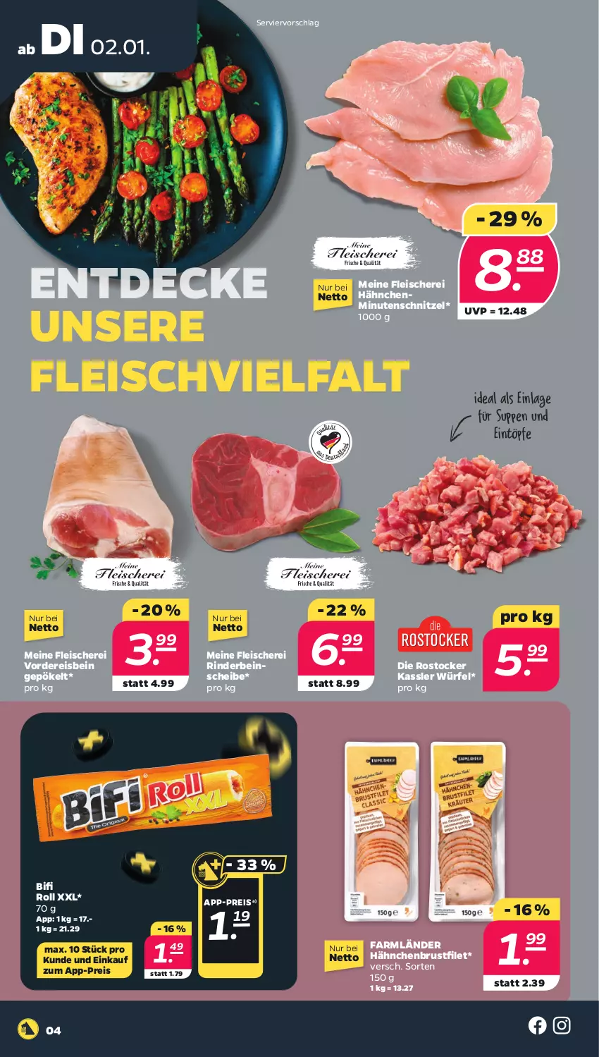 Aktueller Prospekt Netto - Woche 1 - von 02.01 bis 06.01.2024 - strona 4 - produkty: bifi, brustfilet, decke, eintöpfe, eis, filet, fleisch, Fleischerei, hähnchenbrust, hähnchenbrustfilet, minutenschnitzel, reis, rind, rinder, Rostocker, Schere, schnitzel, suppe, suppen, würfel