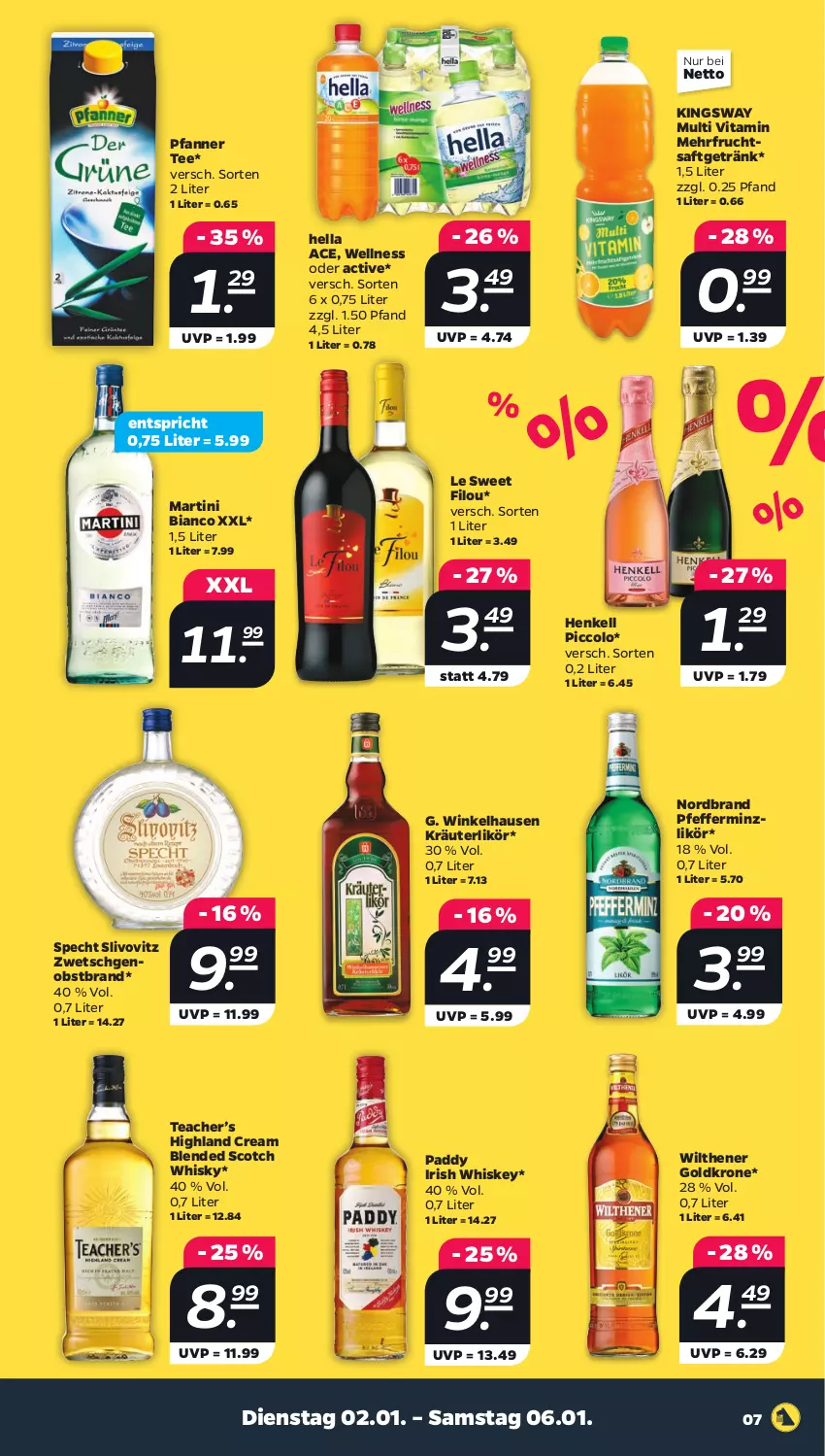 Aktueller Prospekt Netto - Woche 1 - von 02.01 bis 06.01.2024 - strona 7 - produkty: blended scotch, blended scotch whisky, frucht, fruchtsaft, fruchtsaftgetränk, getränk, goldkrone, gsw, hella, henkel, henkell, irish whiskey, kräuter, kräuterlikör, krone, likör, martini, nordbrand, obst, Obstbrand, pfanne, Pfanner, pfeffer, pfefferminzlikör, saft, scotch, scotch whisky, specht, tee, Ti, vita, whiskey, whisky, wilthener, Wilthener Goldkrone, winkelhausen