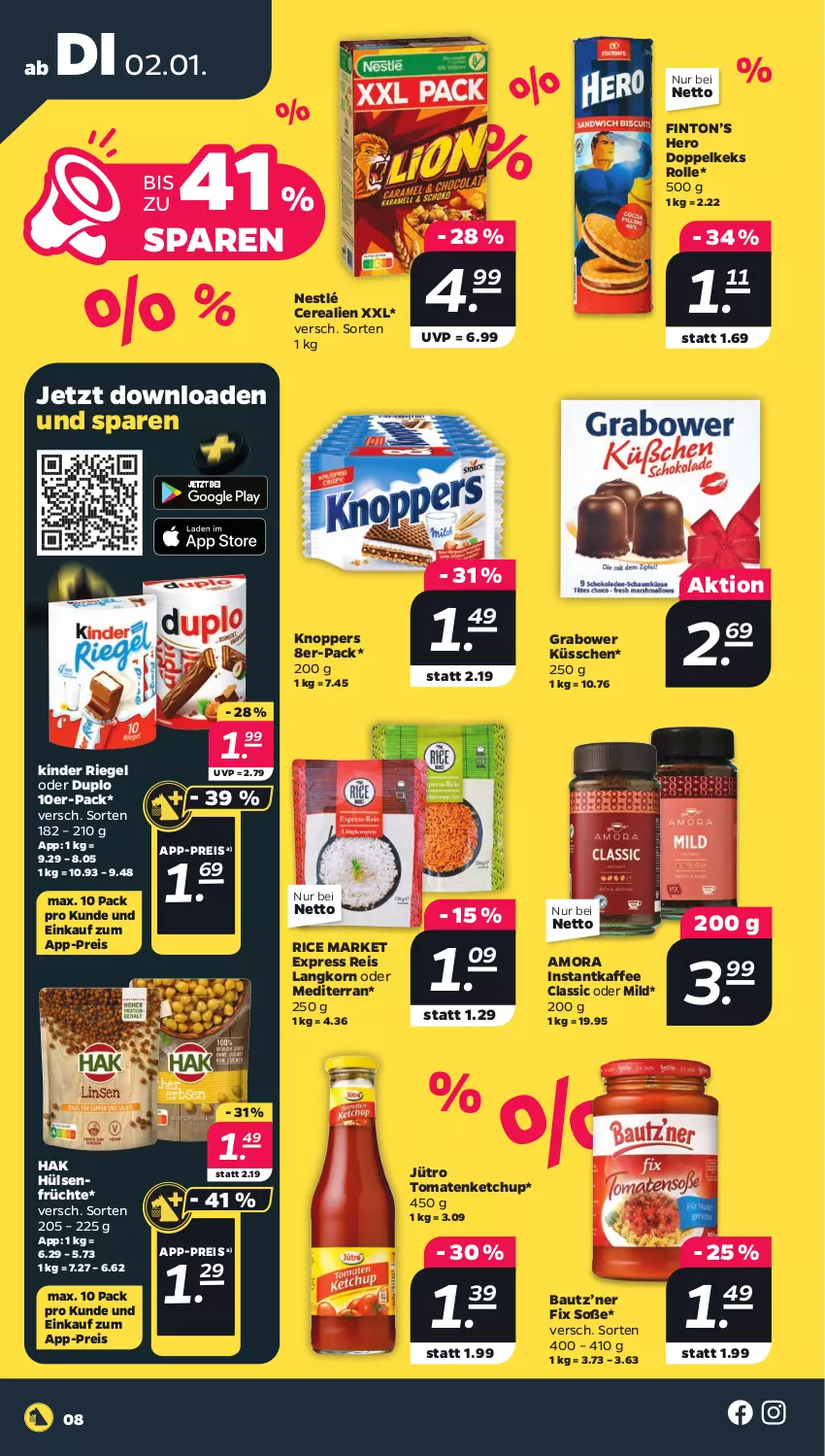 Aktueller Prospekt Netto - Woche 1 - von 02.01 bis 06.01.2024 - strona 8 - produkty: Bau, cerealien, duplo, eis, früchte, hero, hülsenfrüchte, instantkaffee, kaffee, keks, ketchup, Kinder, kinder riegel, knoppers, korn, nestlé, reis, riegel, senf, Soße, Ti, tomate, tomaten, tomatenketchup