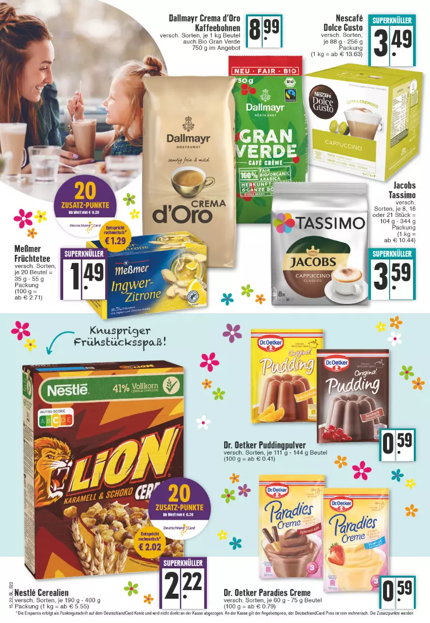 Aktueller Prospekt E Center - Angebote der Woche - von 11.04 bis 16.04.2022 - strona 22 - produkty: angebot, angebotspreis, beutel, bio, cerealien, creme, dallmayr, deutschlandcard, dolce gusto, Dr. Oetker, droetker, eis, erde, jacobs, jacobs tassimo, kaffee, LG, nescafe, Paradies Creme, pudding, reis, sim, tassimo