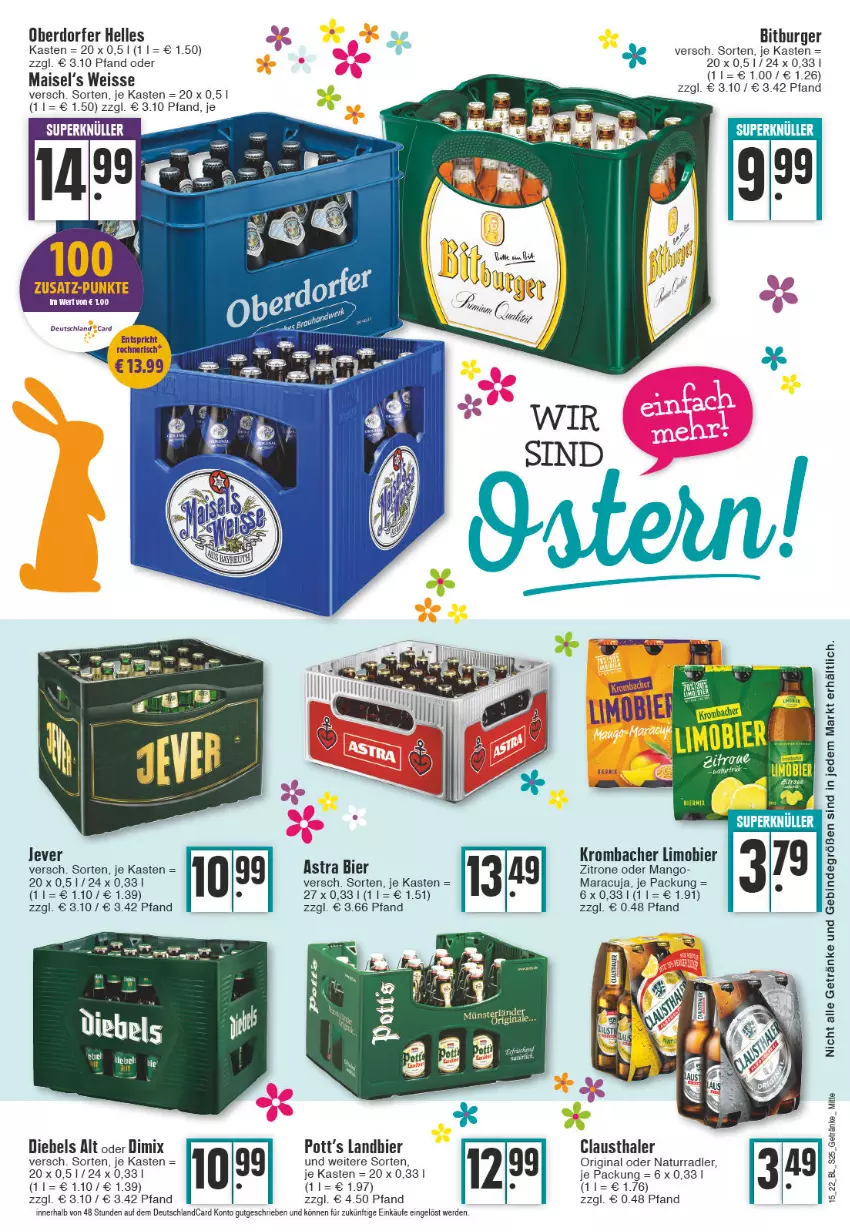 Aktueller Prospekt E Center - Angebote der Woche - von 11.04 bis 16.04.2022 - strona 25 - produkty: Astra, aust, bier, bitburger, burger, clausthaler, deutschlandcard, diebels, eis, elle, erde, getränk, getränke, gin, krombache, krombacher, limo, Limobier, mais, mango, maracuja, natur, radler, Ti, zitrone