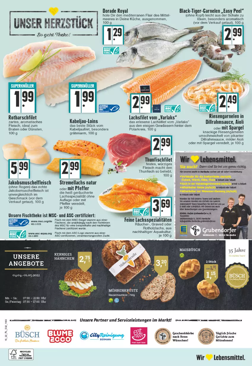 Aktueller Prospekt E Center - Angebote der Woche - von 11.04 bis 16.04.2022 - strona 32 - produkty: aioli, angebot, angebote, aqua, arla, braten, decke, deka, Dorade, dorade royal, eier, eis, erde, filet, fisch, fische, Fischer, fischtheke, fleisch, garnelen, Holz, jako, kabeljaufilet, küche, lachs, lachsfilet, lack, lebensmittel, LG, mac, natur, pfeffer, reis, rel, riesengarnelen, Rotbarsch, rotbarschfilet, rwe, sauce, Schal, Schale, Schere, spargel, Spezi, thunfisch, Ti, Tiger-Garnelen, tisch, uhr, Zelt