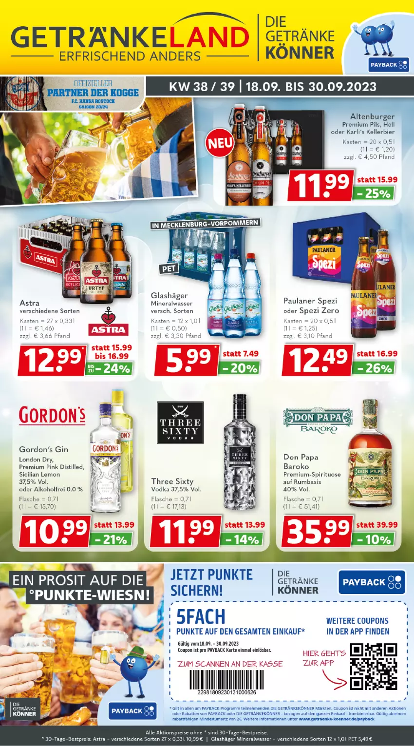 Aktueller Prospekt Getraenkeland - von 18.09 bis 30.09.2023 - strona 1 - produkty: aktionspreis, alkohol, altenburger, Alwa, Astra, bestpreis, bestpreise, bier, burger, coupon, coupons, eis, elle, flasche, getränk, getränke, gin, gordon, Gordon’s, kellerbier, london dry, mineralwasser, Paula, paulaner, payback, pils, premium pils, reis, rum, Spezi, Three Sixty, Ti, vodka, wasser