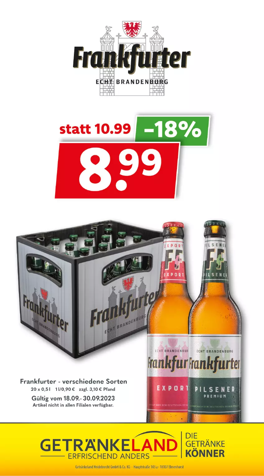 Aktueller Prospekt Getraenkeland - von 18.09 bis 30.09.2023 - strona 10 - produkty: Elan, frankfurter, getränk, getränke, pils, pilsener, Ti