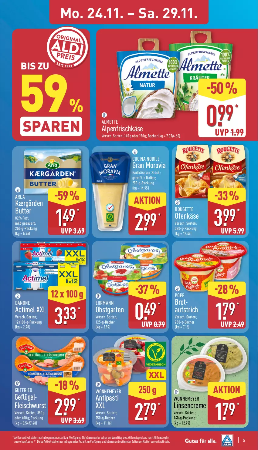 Aktueller Prospekt Aldi Nord - Von Montag - von 24.11 bis 29.11.2025 - strona 11 - produkty: actimel, almette, alpenfrischkäse, antipasti, arla, asti, aufstrich, Becher, brot, brotaufstrich, butter, cin, creme, danone, ehrmann, eis, fleisch, fleischwurst, frischkäse, Garten, Geflügel, gin, gutfried, hartkäse, Kærgården, Käse, linsen, Mett, obst, obstgarten, Ofen, Ofenkäse, Popp, rouge, rougette, Ti, wurst, ZTE