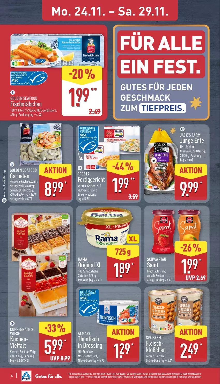 Aktueller Prospekt Aldi Nord - Von Montag - von 24.11 bis 29.11.2025 - strona 12 - produkty: almare, aufstrich, aus der tiefkühlung, beutel, coppenrath, dressing, eis, ente, fertiggericht, filet, fisch, fischstäbchen, fleisch, frosta, frucht, fruchtaufstrich, garnelen, gin, grill, kuchen, mac, mit gemüse, rama, reis, Schwartau, thunfisch, Ti, tiefpreis, ZTE
