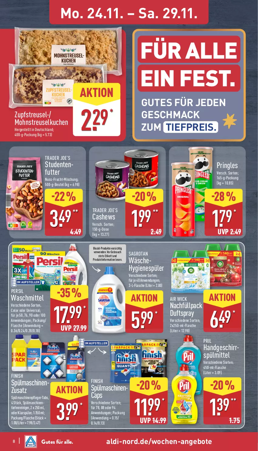 Aktueller Prospekt Aldi Nord - Von Montag - von 24.11 bis 29.11.2025 - strona 14 - produkty: Air Wick, aldi, angebot, angebote, beutel, bio, Cap, Cashew, Duftspray, eis, elle, ente, Finish, flasche, frucht, geschirr, geschirrspülmittel, hygienespüler, klarspüler, kuchen, mac, Maschinenpfleger, nuss, persil, persil waschmittel, pril, pringles, Rauch, reiniger, reis, ring, rwe, sagrotan, spülmaschinen, spülmittel, Streuselkuchen, studentenfutter, teller, Ti, tiefpreis, waschmittel, WICK