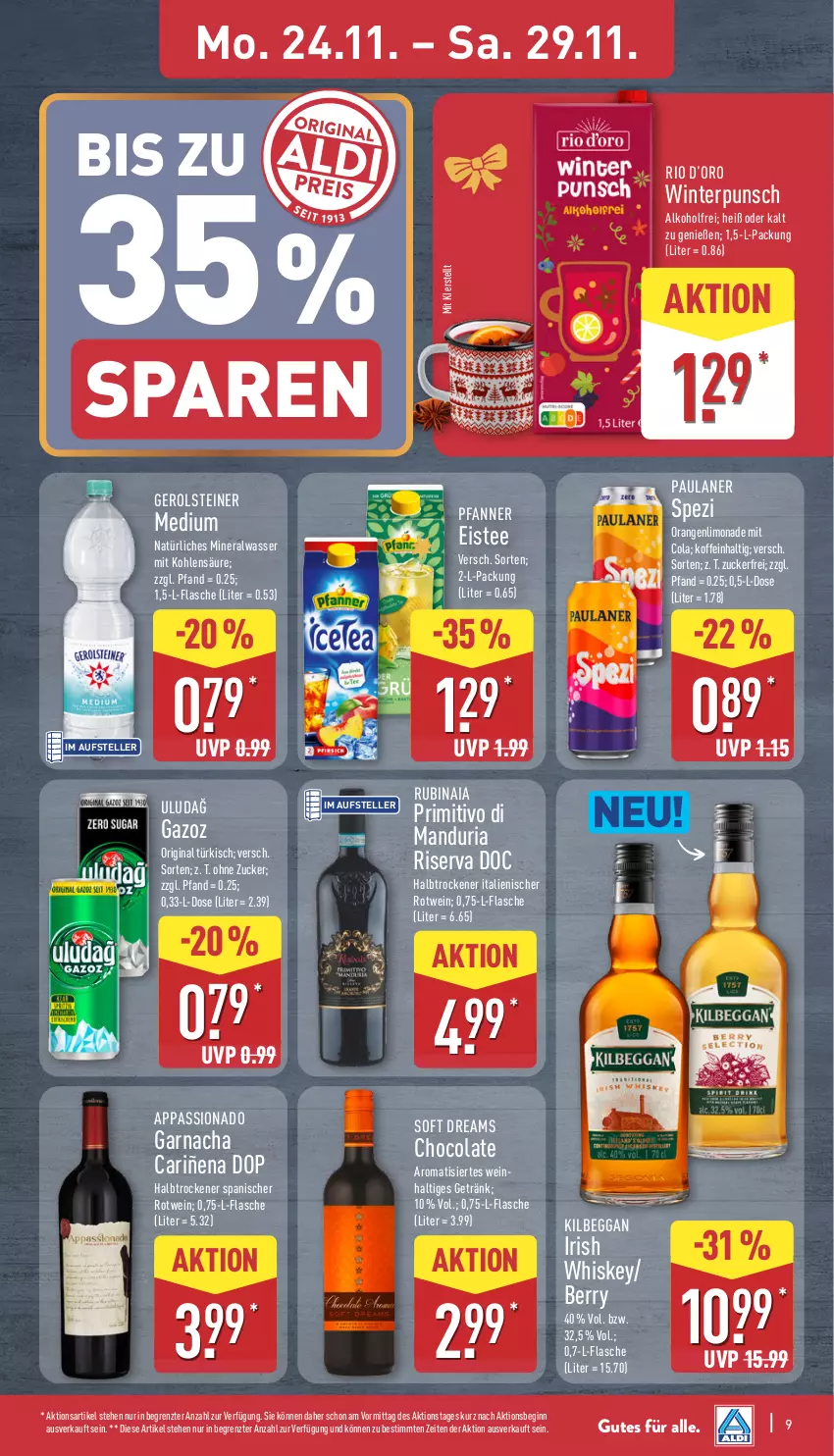 Aktueller Prospekt Aldi Nord - Von Montag - von 24.11 bis 29.11.2025 - strona 15 - produkty: alkohol, Alwa, cola, eis, eistee, elle, flasche, gerolsteine, gerolsteiner, getränk, gin, irish whiskey, kilbeggan, limo, limonade, mineralwasser, natürliches mineralwasser, orange, orangen, Paula, paulaner, pfanne, Pfanner, primitivo, Ria, riserva, rotwein, Rubin, Spezi, steiner, tee, teller, Ti, wasser, wein, whiskey, ZTE, zucker