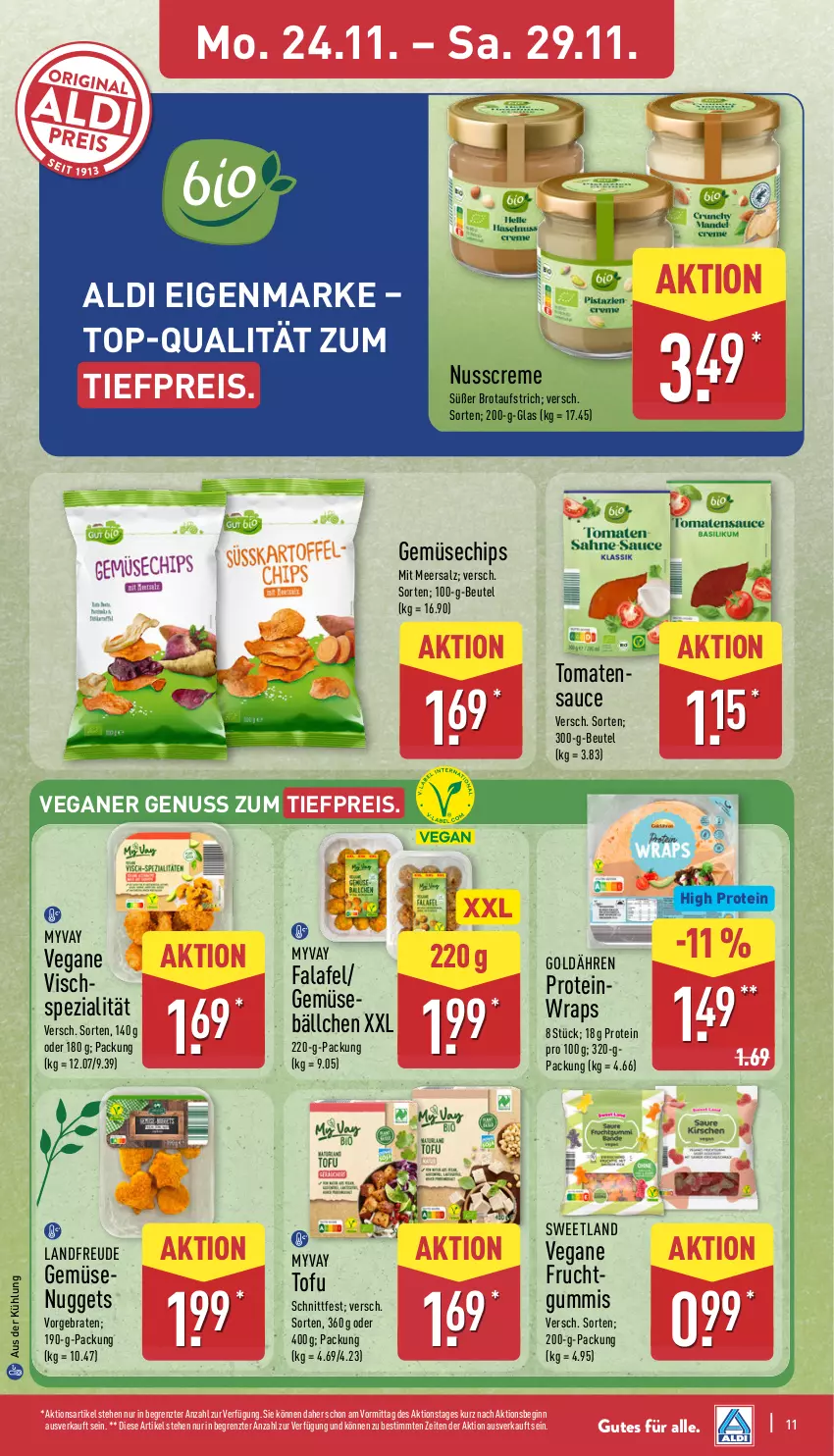 Aktueller Prospekt Aldi Nord - Von Montag - von 24.11 bis 29.11.2025 - strona 17 - produkty: aldi, aufstrich, beutel, braten, brot, brotaufstrich, chips, creme, eis, Falafel, frucht, fruchtgummi, fruchtgummis, gin, meersalz, nuggets, nuss, reis, salz, sauce, Spezi, Sweetland, Ti, tiefpreis, Tofu, tomate, tomaten, tomatensauce, wrap, wraps, ZTE