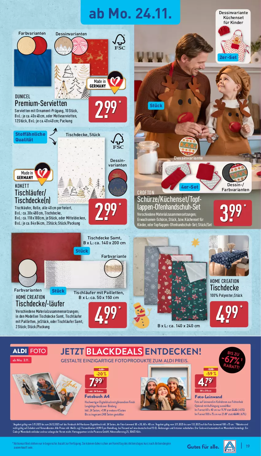 Aktueller Prospekt Aldi Nord - Von Montag - von 24.11 bis 29.11.2025 - strona 25 - produkty: aldi, angebot, auto, buch, Crofton, decke, dell, duni, eis, elle, Finish, Fotobuch, Germ, gin, Holz, Kinder, korb, küche, Küchen, lack, Läufer, mit pailletten, mitteldecke, Mode, ndk, Ofen, pailletten, reis, Ria, ring, Schürze, Serviette, servietten, Ti, tisch, tischdecke, tischläufer, topf, ZTE