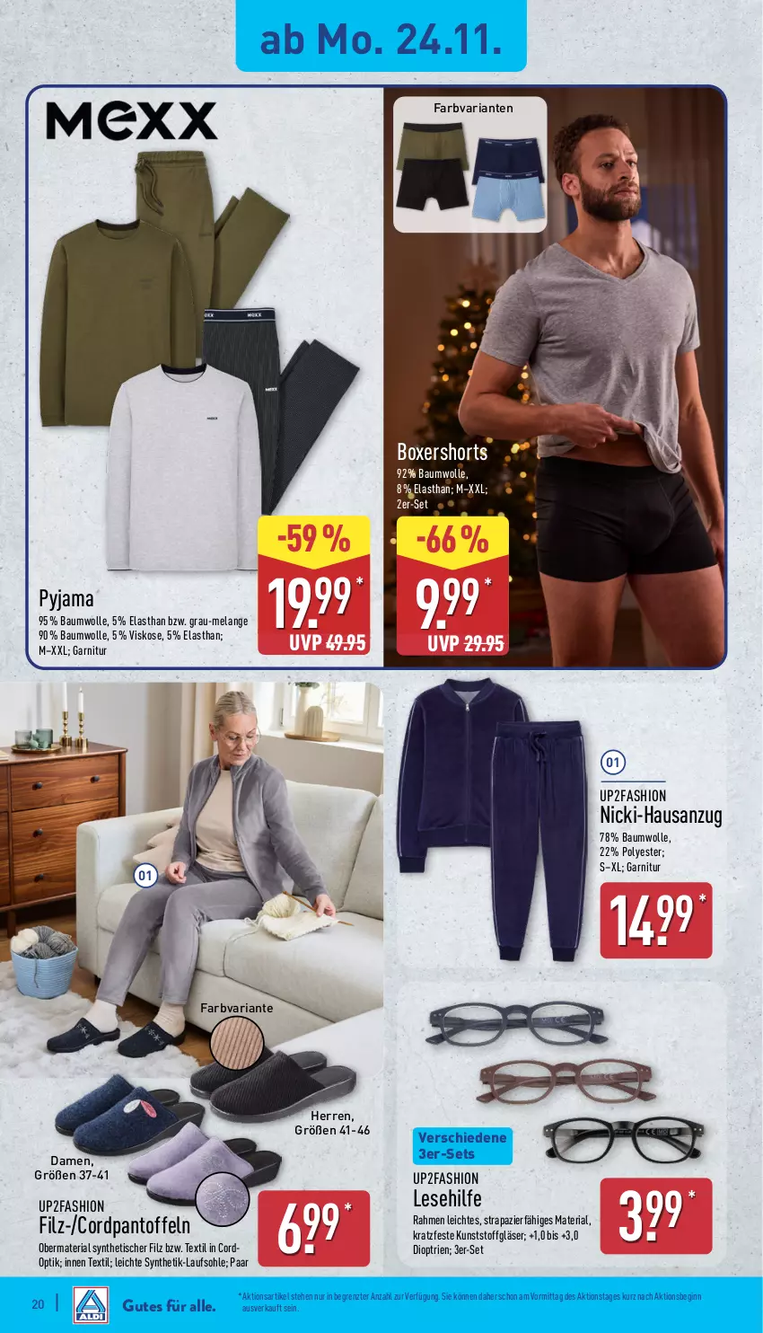 Aktueller Prospekt Aldi Nord - Von Montag - von 24.11 bis 29.11.2025 - strona 26 - produkty: Anzug, Bau, baumwolle, Elan, garnitur, gin, Gläser, Pantoffeln, Pyjama, Ria, shorts, Ti, tisch, up2fashion, wolle, ZTE