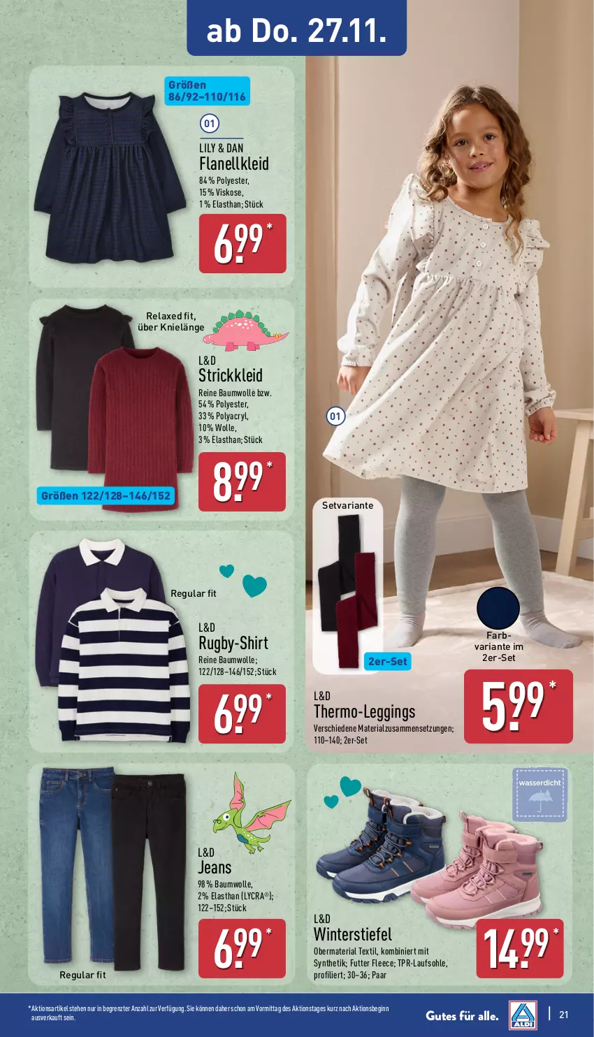 Aktueller Prospekt Aldi Nord - Von Montag - von 24.11 bis 29.11.2025 - strona 27 - produkty: axe, Bau, baumwolle, gin, jeans, kleid, leggings, reine baumwolle, rel, Ria, shirt, Strickkleid, Ti, Winterstiefel, wolle, ZTE