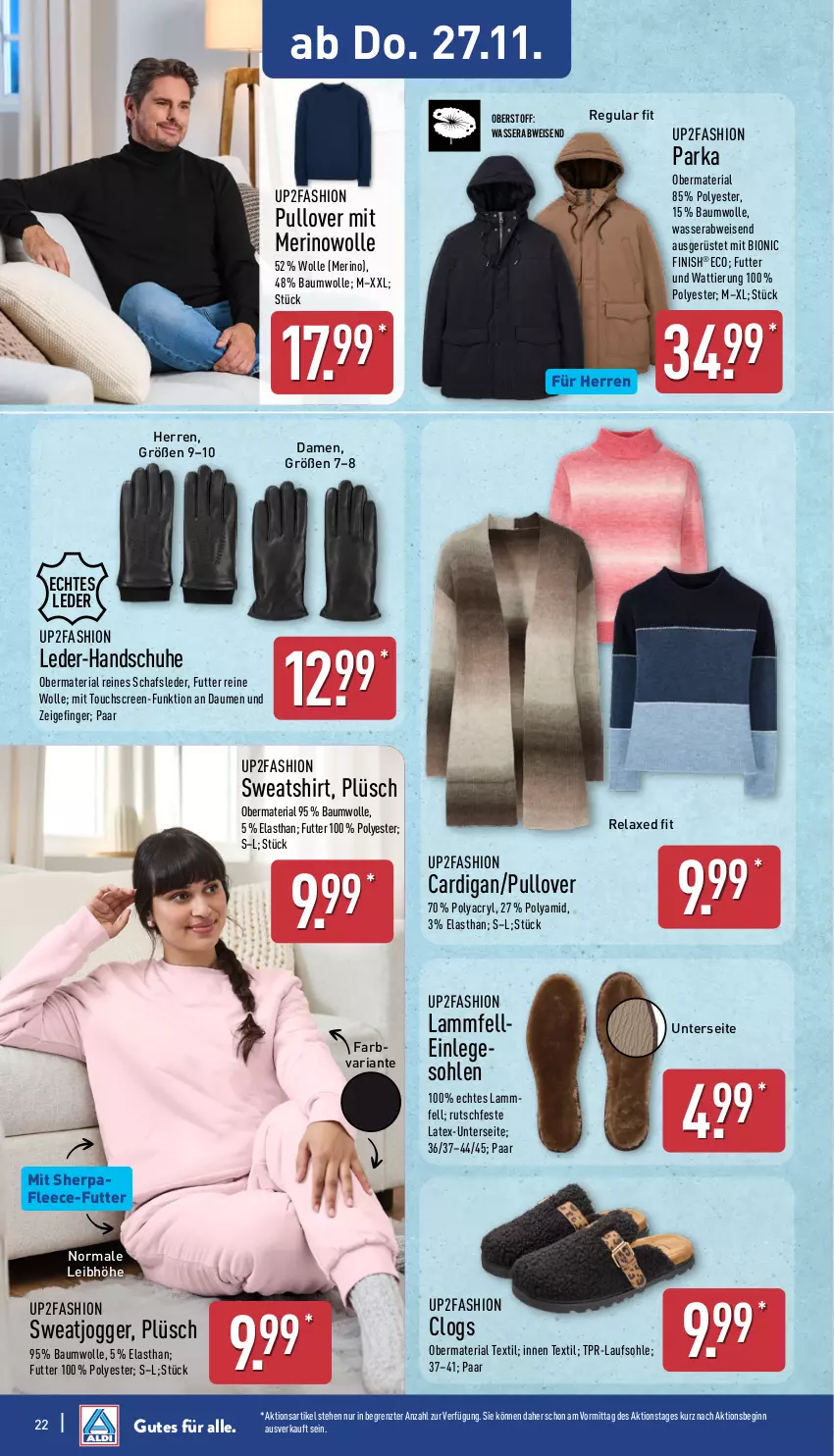 Aktueller Prospekt Aldi Nord - Von Montag - von 24.11 bis 29.11.2025 - strona 28 - produkty: axe, Bau, baumwolle, bio, Cardigan, Clogs, eis, elle, Finish, gin, handschuhe, lamm, Lammfell, Parka, Plüsch, Pullover, rel, Ria, schuhe, shirt, Sweatshirt, Ti, touchscreen, up2fashion, wasser, wolle, ZTE