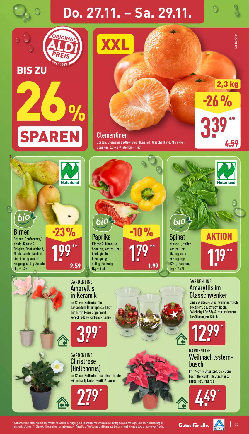 Aktueller Prospekt Aldi Nord - Von Montag - von 24.11 bis 29.11.2025 - strona 33 - produkty: Birnen, clementinen, elle, gin, kulturtopf, LG, paprika, pflanze, Schal, Schale, spinat, Ti, topf, trolli, übertopf, Weihnachtsstern, ZTE, zwiebel
