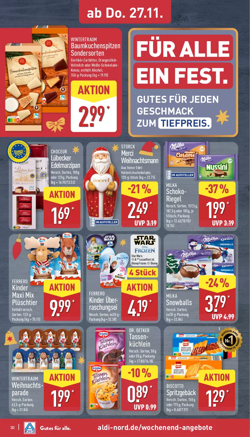 Aktueller Prospekt Aldi Nord - Von Montag - von 24.11 bis 29.11.2025 - strona 36 - produkty: aldi, alkohol, angebot, angebote, ball, Bau, biscotto, disney, Dr. Oetker, Edelmarzipan, eier, eierlikör, eis, elle, ferrero, Kinder, Kinder Maxi, kokos, kuchen, likör, Lübecker, mac, marzipan, merci, milch, milka, orange, orangen, Plüsch, reis, riegel, schoko, schokolade, schokoriegel, Spritzgebäck, storck, tasse, teller, Ti, tiefpreis, vollmilch