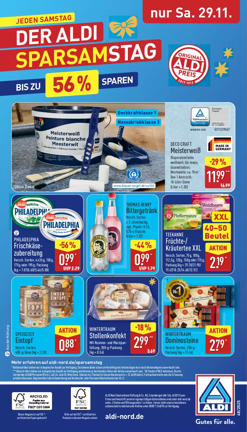 Aktueller Prospekt Aldi Nord - Von Montag - von 24.11 bis 29.11.2025 - strona 38 - produkty: aldi, auer, auto, backwaren, beutel, brie, brut, Dominosteine, eimer, eintopf, eis, Elektro, Engel, flasche, frischkäse, frischkäsezubereitung, früchte, getränk, gin, HP, Käse, kraft, kräuter, Laufen, magazin, marzipan, Marzipanfüllung, Meister, papier, philadelphia, rwe, Stollen, tee, teekanne, telefon, thomas henry, Ti, topf, Yo, ZTE