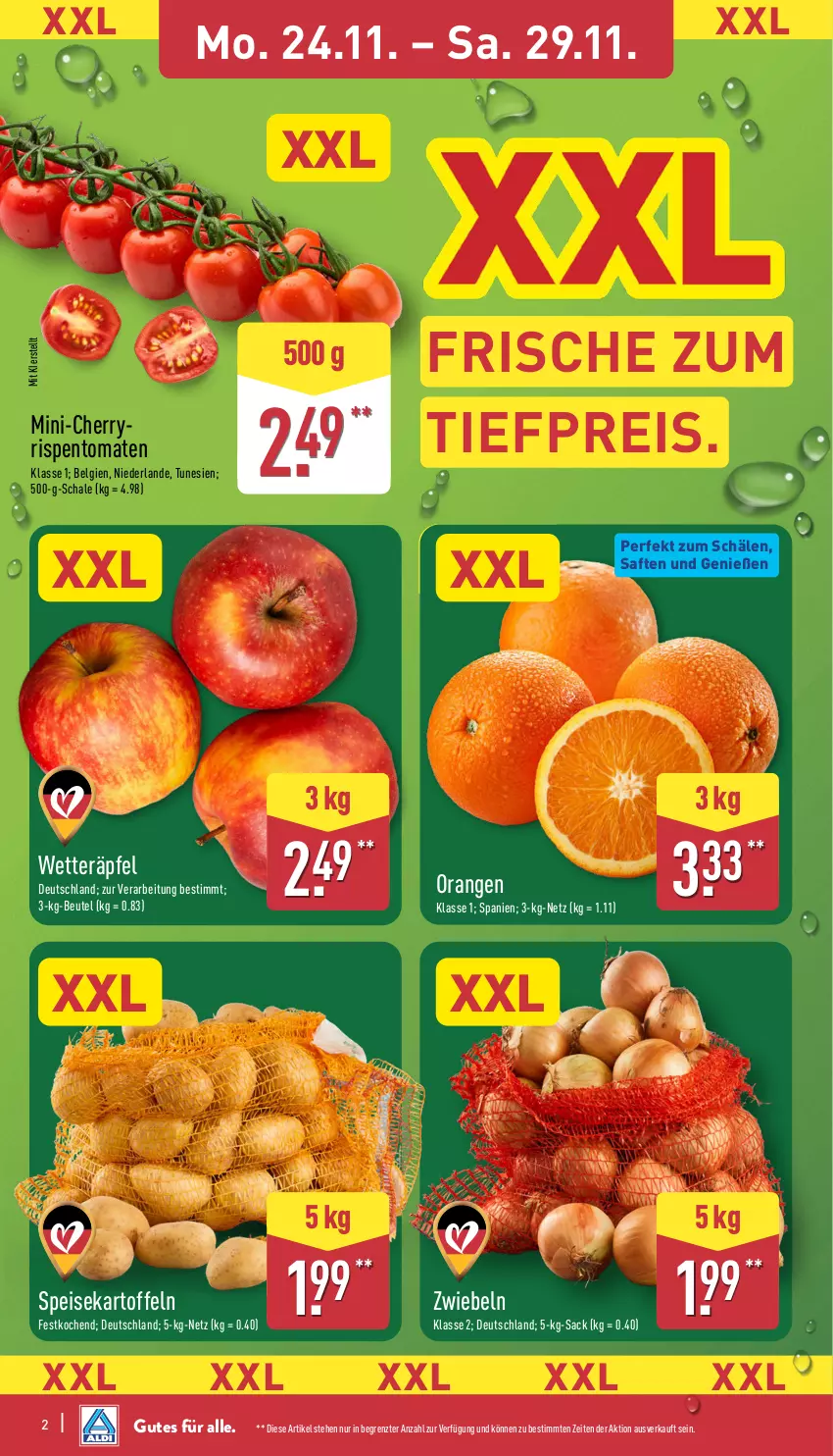 Aktueller Prospekt Aldi Nord - Von Montag - von 24.11 bis 29.11.2025 - strona 8 - produkty: beutel, eis, kartoffel, kartoffeln, LG, orange, orangen, reis, rispentomaten, sac, saft, Schal, Schale, speisekartoffeln, Ti, tiefpreis, tomate, tomaten, ZTE, zwiebel, zwiebeln