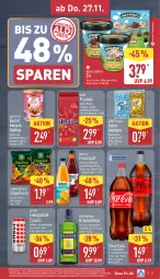 Gazetka promocyjna Aldi Nord - Von Montag - Gazetka - ważna od 29.11 do 29.11.2025 - strona 37 - produkty: aus der tiefkühlung, Becher, Becherovka, beutel, biscotto, bonbons, brut, butter, chips, chipsfrisch, coca-cola, cola, daim, drink, Effect, eis, Elektro, elle, flasche, frucht, fruchtsaft, funny-frisch, gin, hero, Hohes C, HP, karamell, keks, kekse, kräuter, Laufen, mandel, milch, pralinen, saft, schoko, schokolade, Sweetland, teller, Ti, waffeln, Yo, ZTE, zucker