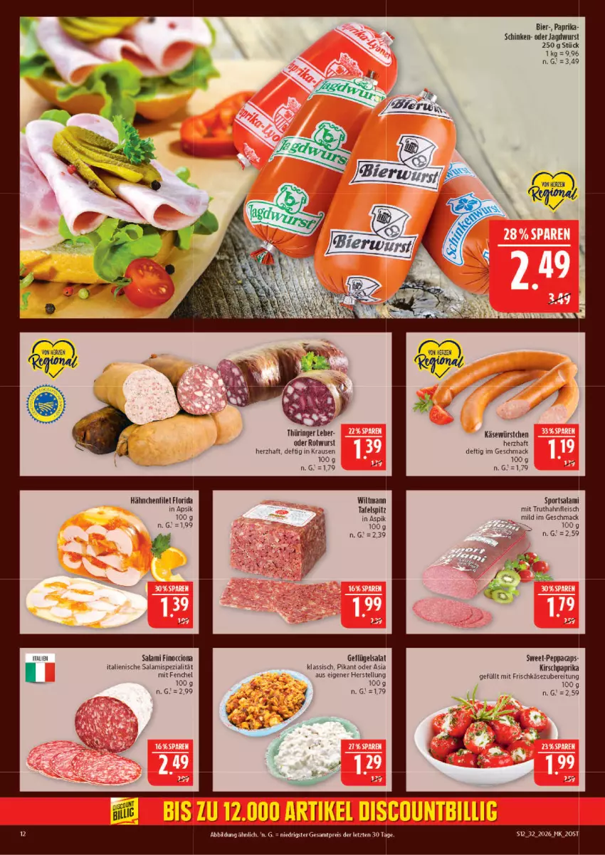 Aktueller Prospekt Marktkauf - Prospekt - von 02.08 bis 08.08.2026 - strona 12 - produkty: bier, eis, fenchel, fleisch, frischkäse, frischkäsezubereitung, Geflügel, geflügelsalat, HP, jagdwurst, Käse, kirsch, mac, paprika, reis, ring, Rotwurst, salami, salat, schinken, Spezi, Sport, tafelspitz, Ti, truthahn, wiltmann, wurst, würstchen, ZTE