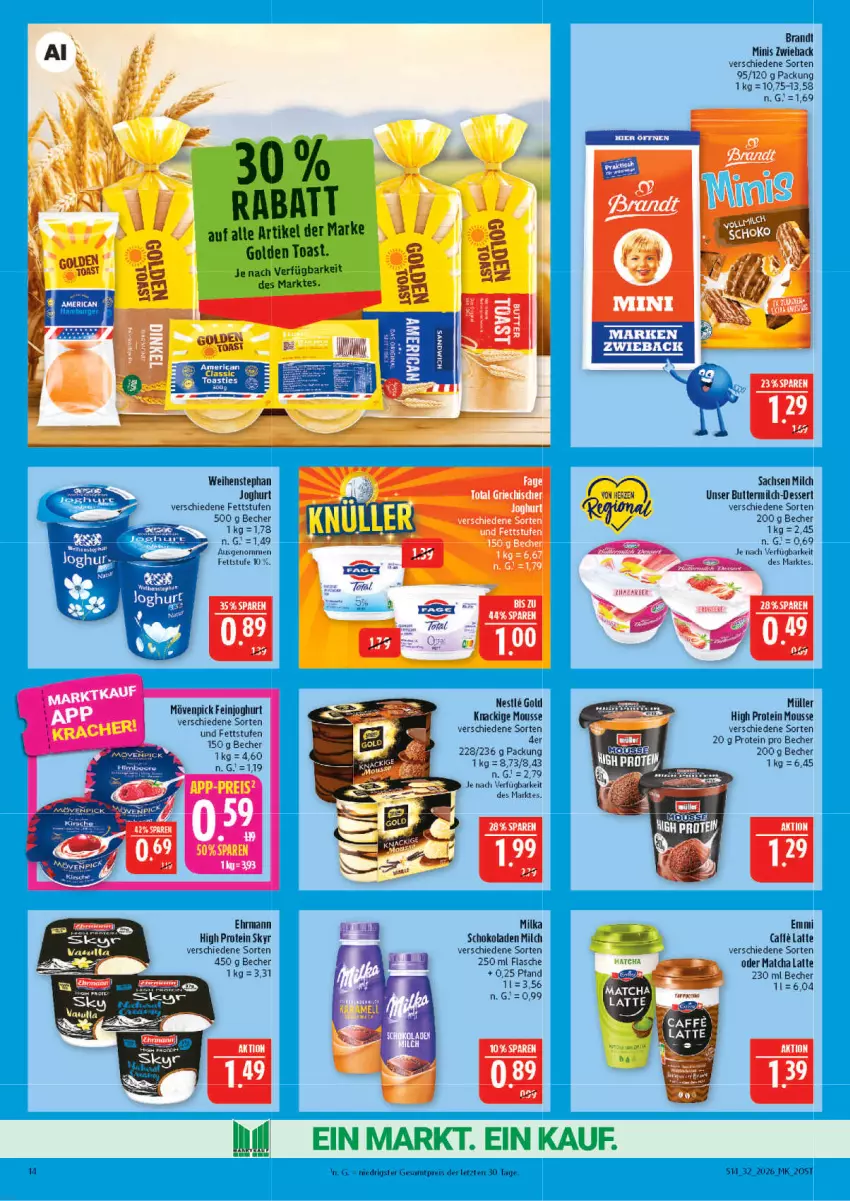 Aktueller Prospekt Marktkauf - Prospekt - von 02.08 bis 08.08.2026 - strona 14 - produkty: Becher, brandt, butter, buttermilch, dessert, ehrmann, eis, emmi, feinjoghurt, flasche, golden toast, HP, joghur, joghurt, Knackige Mousse, latte, milch, milka, milka schokolade, mousse, mövenpick, Müller, reis, sac, schoko, schokolade, schokoladen, Skyr, Ti, toast, weihenstephan, ZTE