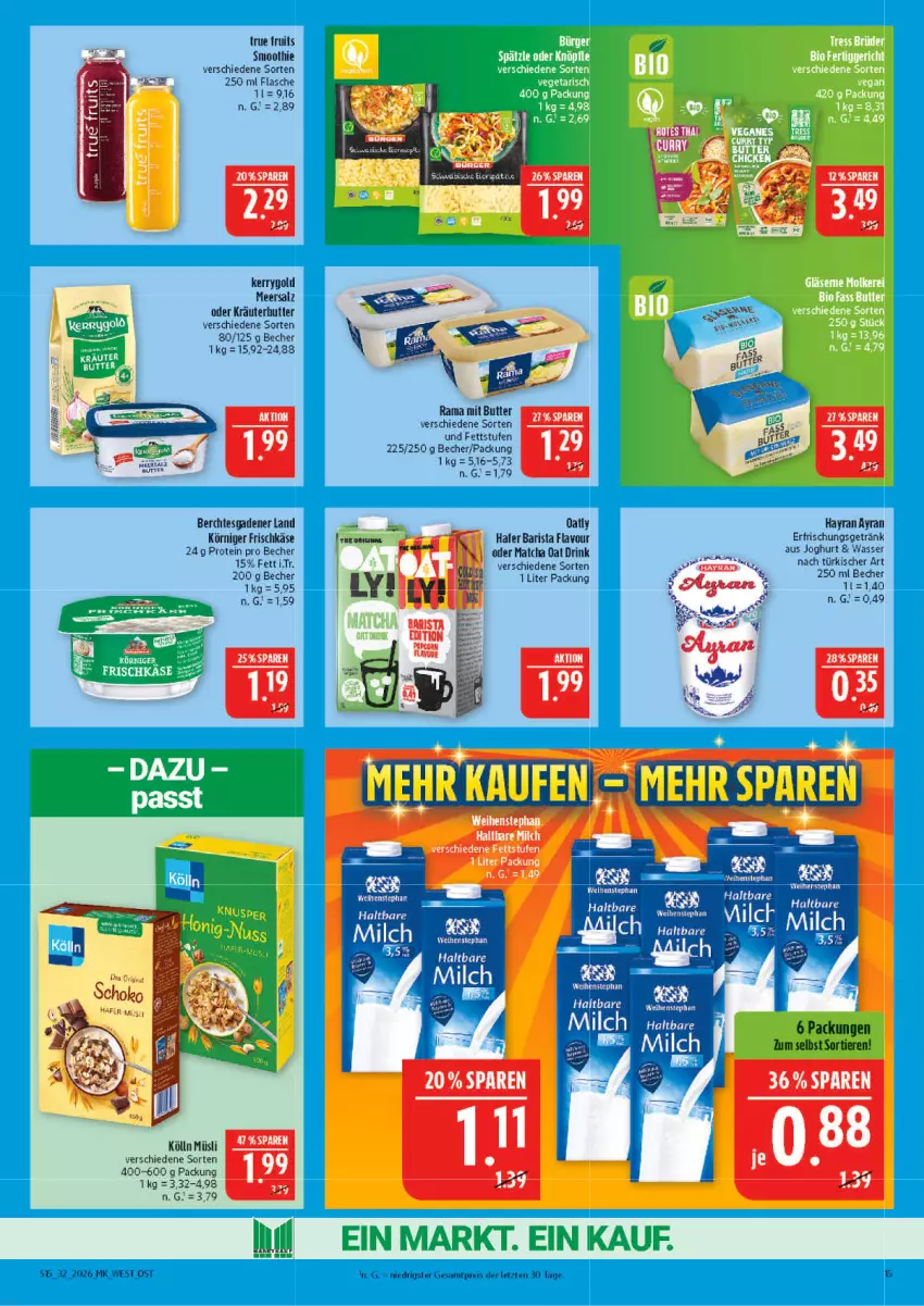 Aktueller Prospekt Marktkauf - Prospekt - von 02.08 bis 08.08.2026 - strona 15 - produkty: Ayran, Becher, butter, drink, eis, erfrischungsgetränk, flasche, frischkäse, getränk, hafer, joghur, joghurt, Käse, kerrygold, kölln, Körniger Frischkäse, kräuter, meersalz, milch, müsli, oder kräuter, rama, reis, salz, smoothie, Ti, Tiere, wasser, weihenstephan, ZTE