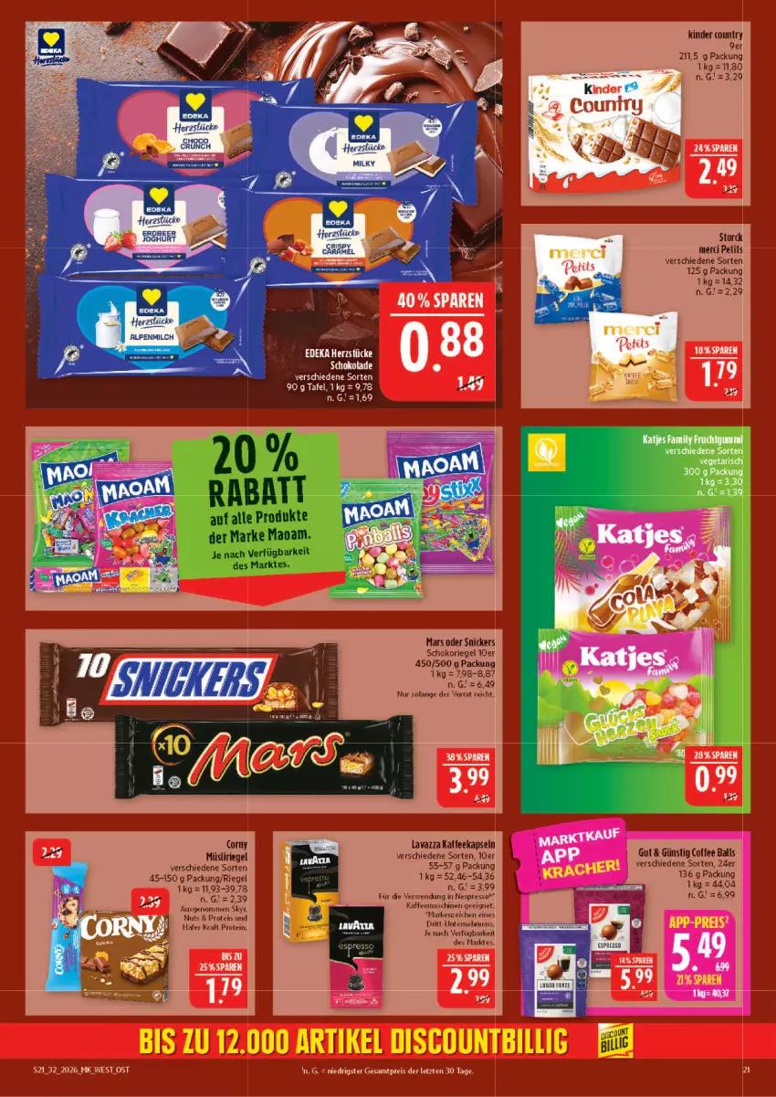 Aktueller Prospekt Marktkauf - Prospekt - von 02.08 bis 08.08.2026 - strona 21 - produkty: alpenmilch, ball, espresso, hafer, kaffee, kaffeekapseln, kaffeemaschine, Kinder, kraft, lavazza, maoam, mars, merci, milch, nespresso, riegel, rwe, schoko, schokolade, schokoriegel, Skyr, snickers, storck, Ti, WICK