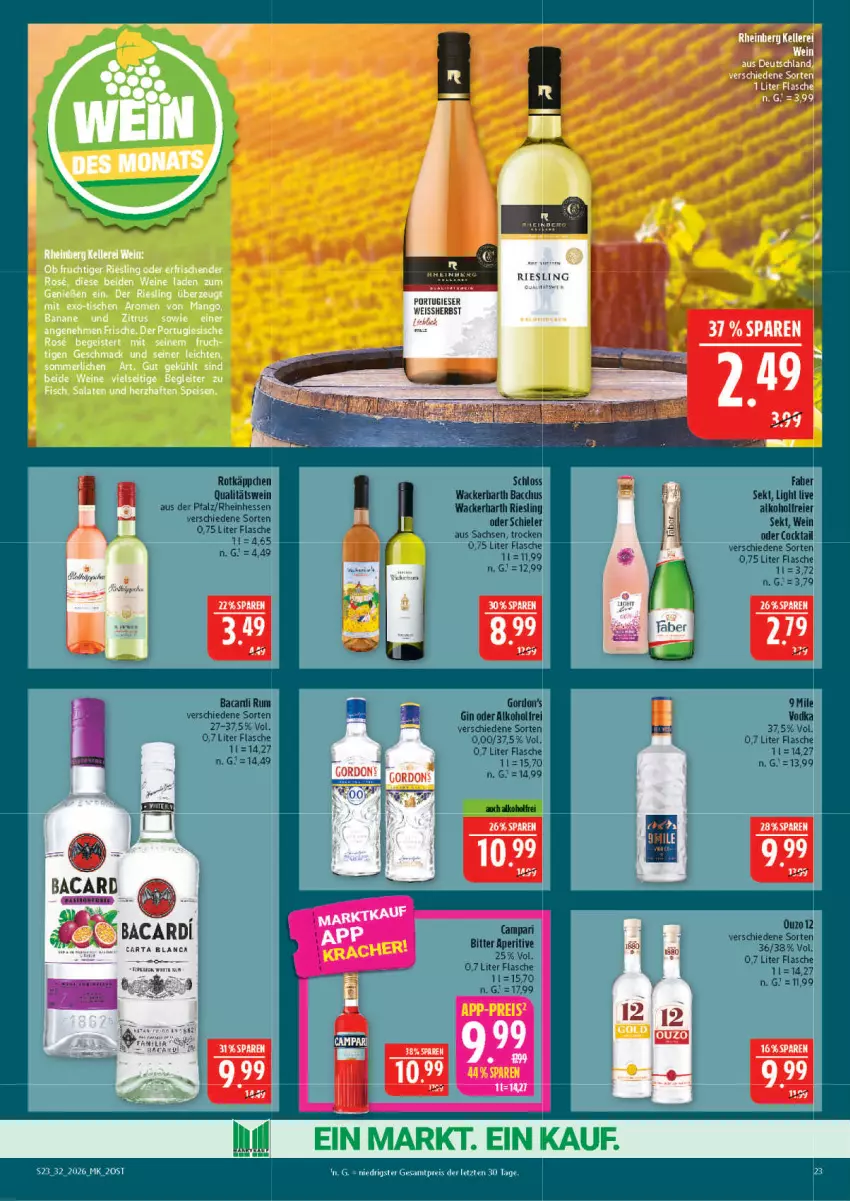 Aktueller Prospekt Marktkauf - Prospekt - von 02.08 bis 08.08.2026 - strona 23 - produkty: ACC, alkohol, campari, cocktail, eis, flasche, gin, ouzo, qualitätswein, riesling, rotkäppchen, sac, tee, Ti, wein