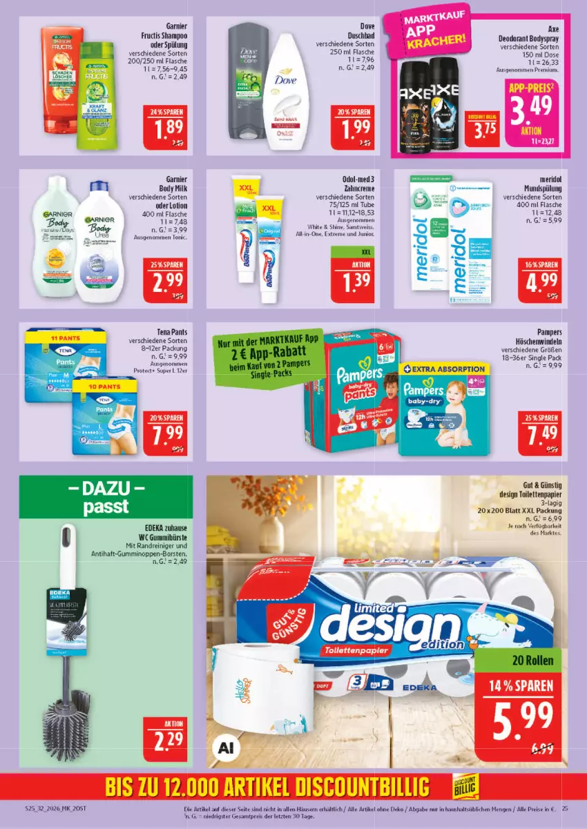 Aktueller Prospekt Marktkauf - Prospekt - von 02.08 bis 08.08.2026 - strona 25 - produkty: axe, Bad, body, body milk, bodyspray, bürste, creme, deka, deo, deodorant, dove, duschbad, eis, flasche, fructis, garnier, Lotion, meridol, merl, mundspülung, Odol, pampers, Pants, papier, reiniger, reis, shampoo, spülung, Ti, toilettenpapier, windeln, zahncreme, ZTE