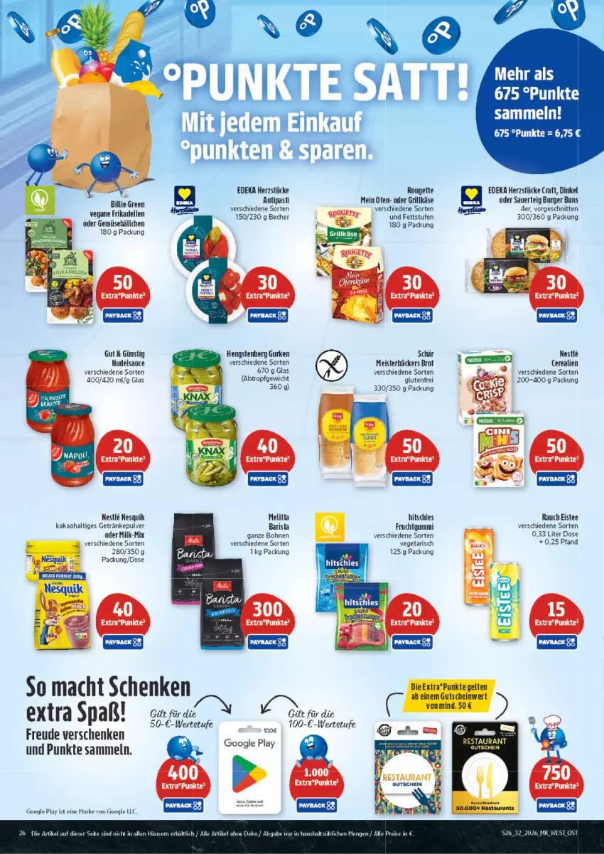 Aktueller Prospekt Marktkauf - Prospekt - von 02.08 bis 08.08.2026 - strona 26 - produkty: antipasti, asti, auer, Becher, bohne, bohnen, brot, burger, burger buns, cerealien, deka, dell, eis, eistee, elle, frikadellen, frucht, fruchtgummi, getränk, getränke, getränkepulver, google play, grill, Grillkäse, gurke, gurken, gutschein, kakao, Käse, mac, Meister, melitta, nesquik, nudel, Ofen, Rauch, reis, rouge, rougette, sauce, schnitten, tee, Ti, Vegeta