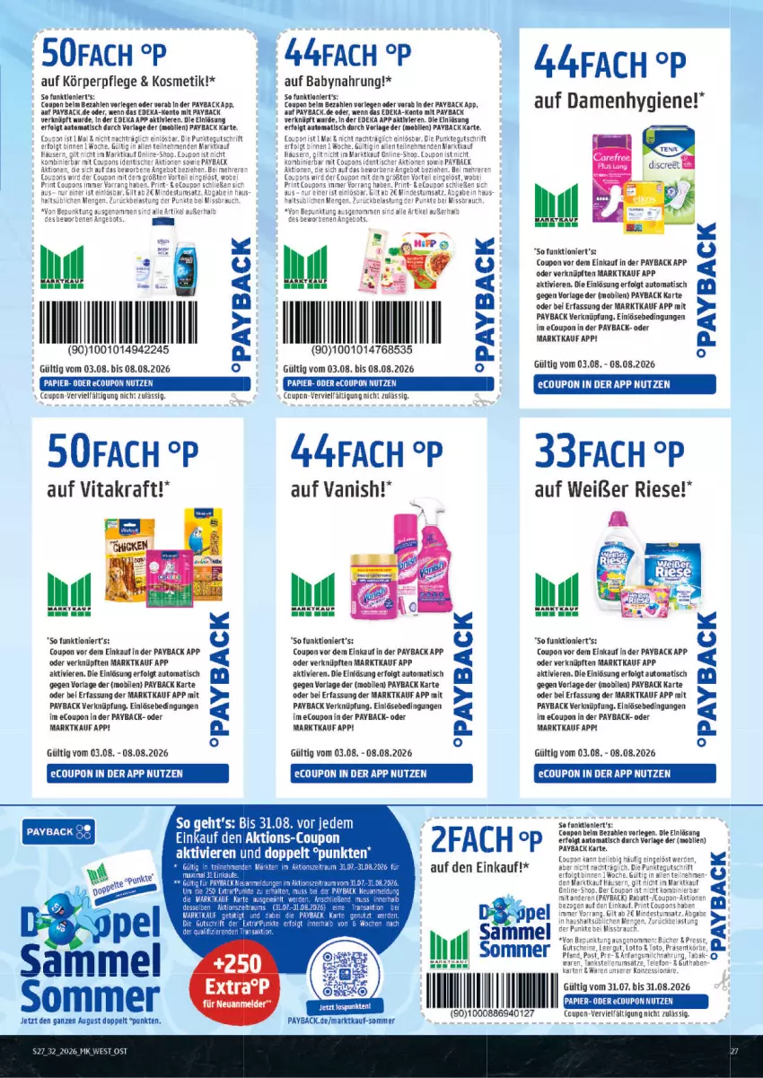 Aktueller Prospekt Marktkauf - Prospekt - von 02.08 bis 08.08.2026 - strona 27 - produkty: angebot, auto, Babynahrung, coupon, coupons, deka, erde, körperpflege, kosmetik, kraft, LG, milch, papier, payback, Rauch, Sofa, telefon, Ti, tisch, vanish, vita, vitakraft, Yo