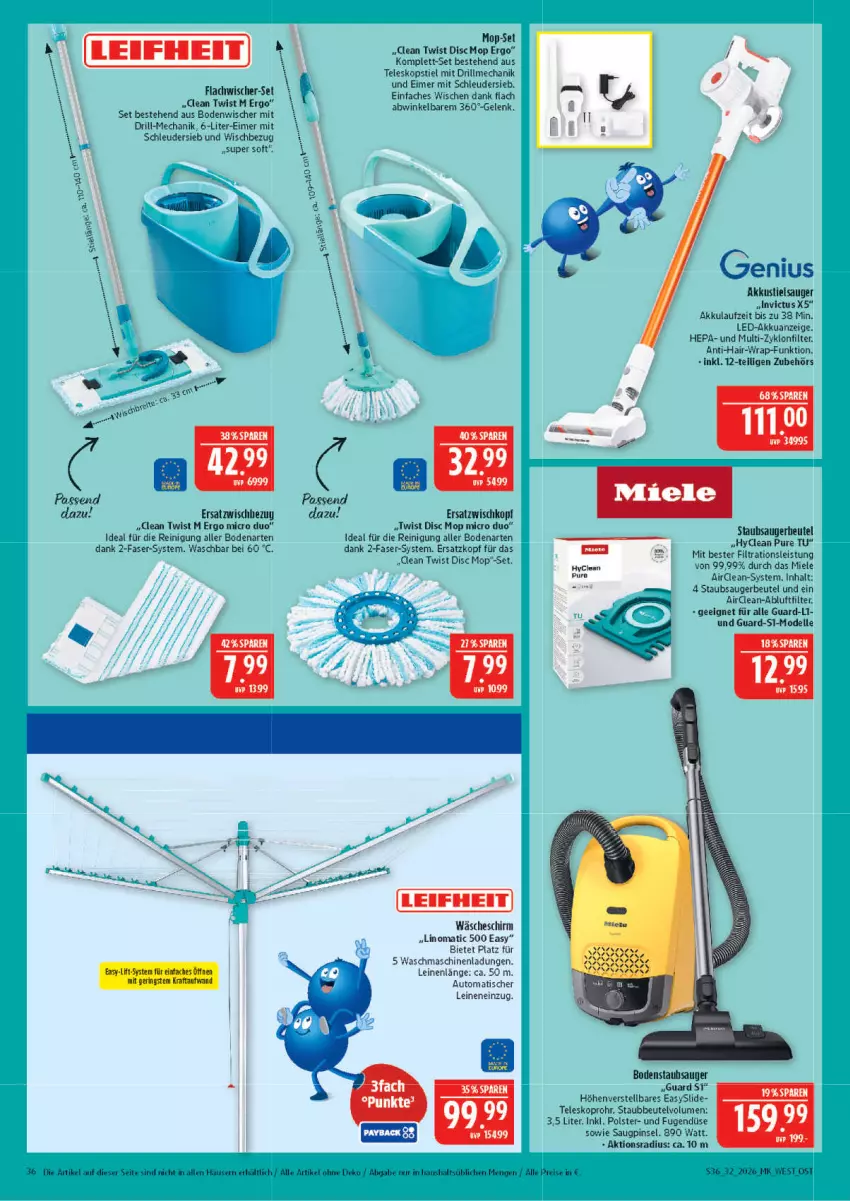 Aktueller Prospekt Marktkauf - Prospekt - von 02.08 bis 08.08.2026 - strona 36 - produkty: akku, auto, beutel, bodenstaubsauger, bodenwischer, dell, eimer, eis, elle, leine, miele, Mode, Pinsel, Reinigung, staubbeutel, staubsauger, staubsaugerbeutel, Stielsauger, Teleskop, teleskopstiel, Ti, tisch, wäscheschirm, waschmaschine, waschmaschinen, wrap