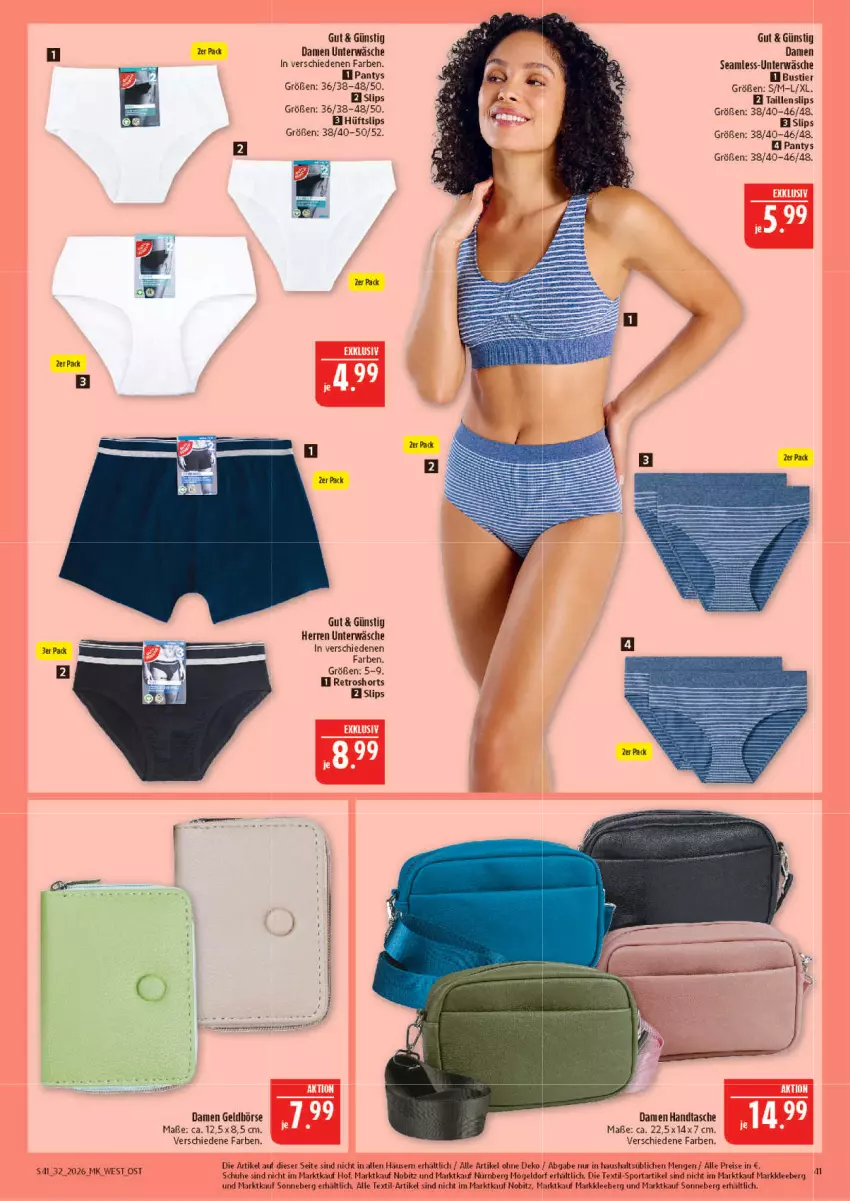 Aktueller Prospekt Marktkauf - Prospekt - von 02.08 bis 08.08.2026 - strona 41 - produkty: eis, Geldbörse, Handtasche, panty, reis, retroshorts, schuhe, shorts, slip, slips, Sport, Stier, Taillenslip, Tasche, Ti, Unterwäsche