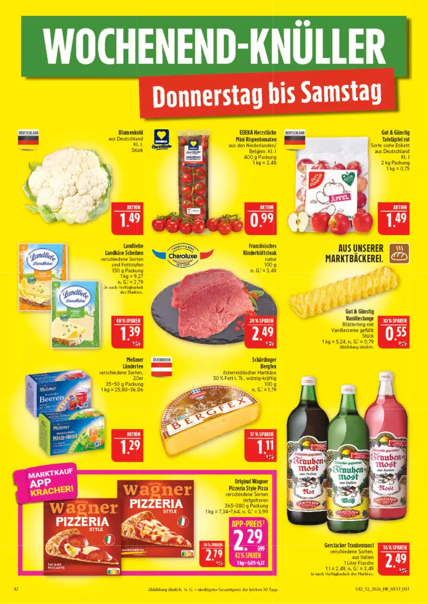 Aktueller Prospekt Marktkauf - Prospekt - von 02.08 bis 08.08.2026 - strona 42 - produkty: blume, blumen, blumenkohl, creme, deka, eis, flasche, gin, hartkäse, hüftsteak, Käse, Ländertee, landkäse, LG, Meßmer, natur, ndk, original wagner, pizza, reis, Ria, rind, rinder, rispentomaten, Schärdinger, steak, tafeläpfel, tee, Ti, tomate, tomaten, wagner, ZTE