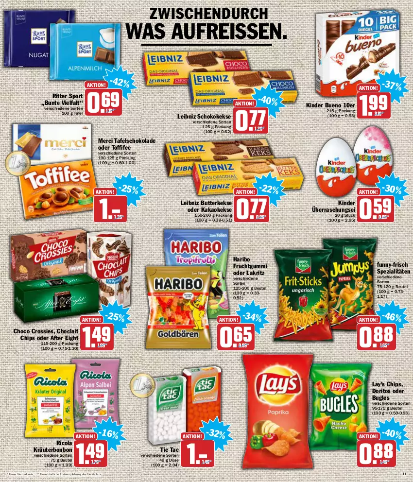 Aktueller Prospekt Aez - Prospekte - von 10.01 bis 15.01.2022 - strona 11 - produkty: after eight, beutel, bugles, butter, butterkeks, chips, choclait chips, choco crossies, cola, crossies, Doritos, eis, elle, frucht, fruchtgummi, funny-frisch, haribo, kakao, keks, kekse, Kinder, kinder bueno, kräuter, Lakritz, leibniz, merci, oder lakritz, reis, reiss, Ricola, ritter, ritter sport, schoko, schokolade, Spezi, Sport, tafelschokolade, teller, Ti, toffifee