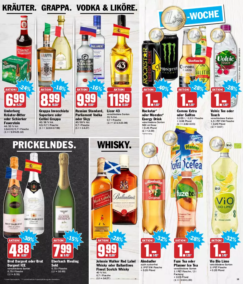 Aktueller Prospekt Aez - Prospekte - von 10.01 bis 15.01.2022 - strona 19 - produkty: almdudler, ball, bio, bio limo, brut, brut dargent, chia, corona, corona extra, drink, eis, elle, energy drink, flasche, fuze tea, glasflasche, grappa, ice tea, johnnie walker, kräuter, licor, licor 43, likör, limo, monster, pfanne, Pfanner, reis, riesling, Rockstar, russian standard, scotch, scotch whisky, sekt, skyy, tee, teller, Ti, underberg, vio bio limo, vodka, volvic, whisky, zucker