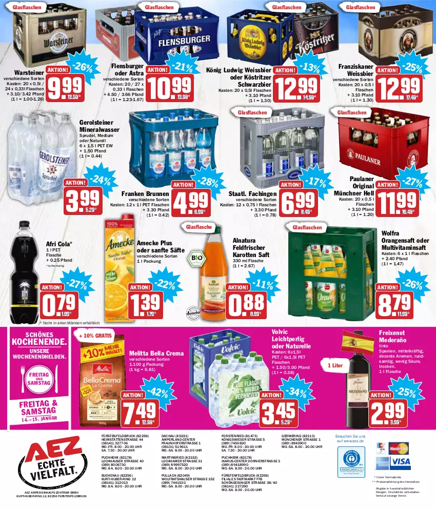 Aktueller Prospekt Aez - Prospekte - von 10.01 bis 15.01.2022 - strona 20 - produkty: AEZ, Afri Cola, Alwa, amecke, Astra, bella crema, bier, brunnen, buch, burger, cola, drucker, eis, elle, Engel, ente, fisch, flasche, flensburger, franken brunnen, franziskaner, freixenet, Germ, gerolsteine, gerolsteiner, gin, glasflasche, gsw, karotten, kerze, köstritzer, melitta, mineralwasser, Multivitaminsaft, natur, natura, orange, orangen, orangensaft, Paula, paulaner, perla, reis, rel, ring, rum, saft, säfte, Sprudel, Staatl. Fachingen, steiner, teller, Ti, uhr, vita, volvic, warsteiner, wasser, weissbier