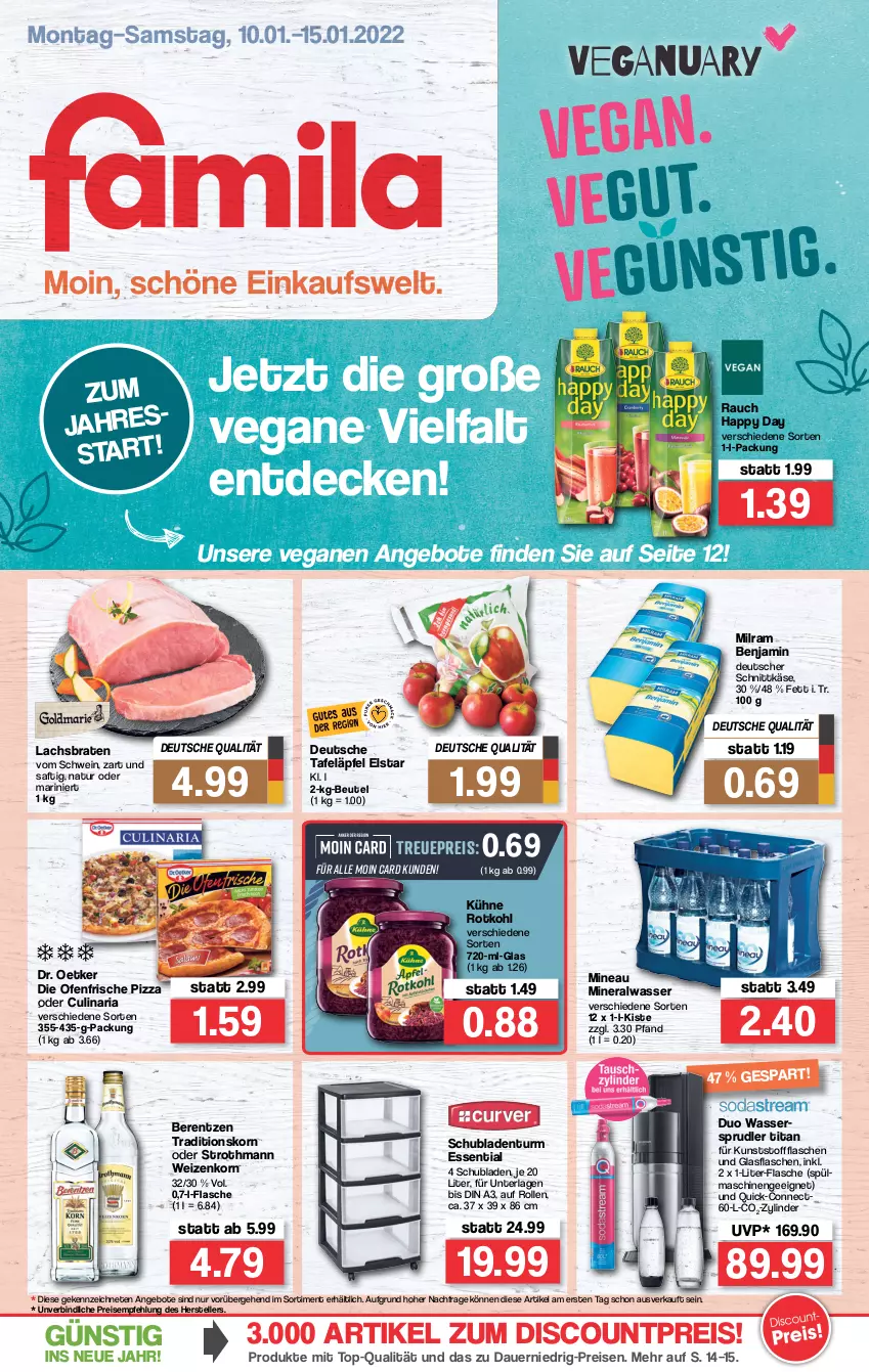 Aktueller Prospekt Famila - Prospekte - von 10.01 bis 15.01.2022 - strona 1 - produkty: Alwa, angebot, angebote, auer, berentzen, beutel, braten, culinaria, decke, deutscher schnittkäse, die ofenfrische, discount, Dr. Oetker, eis, elle, flasche, glasflasche, Happy Day, Käse, korn, Kühne, lachs, Lachsbraten, milram, mineralwasser, natur, Ofen, pizza, Rauch, reis, Ria, rotkohl, saft, schnittkäse, schubladen, Schubladenturm, schwein, spülmaschinen, tafeläpfel, teller, Ti, wasser, wein, weizenkorn