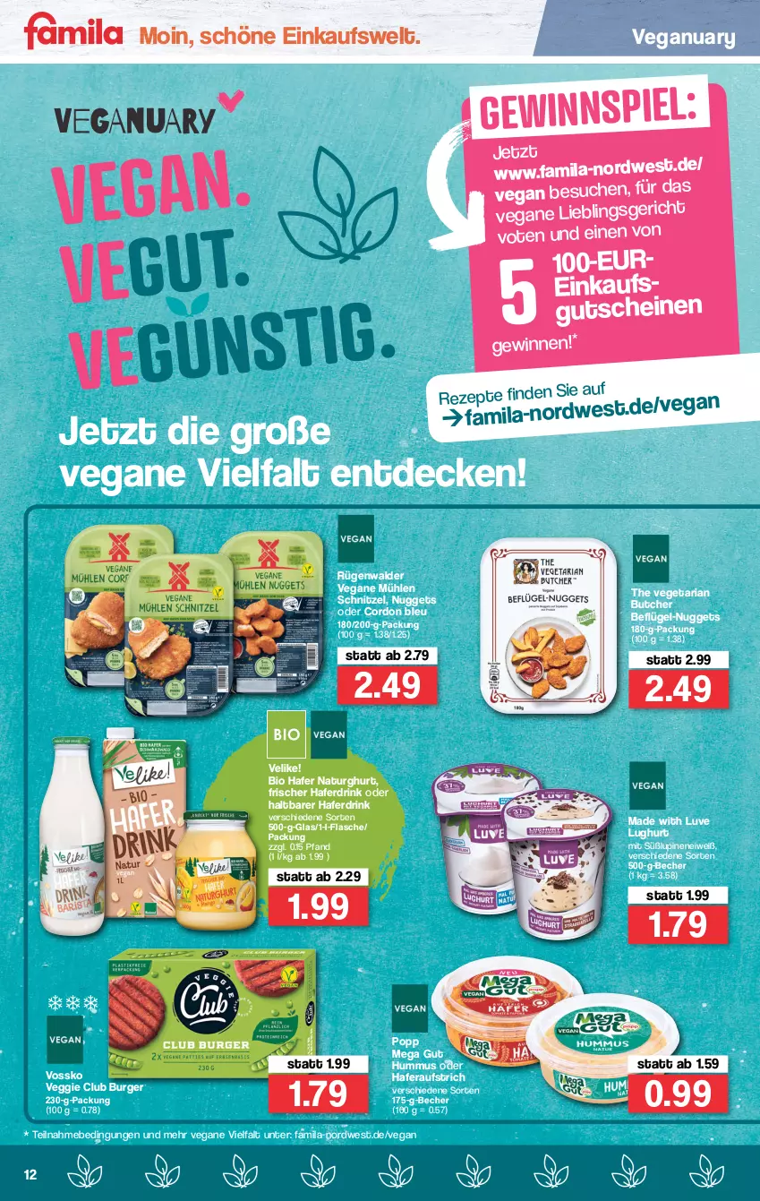 Aktueller Prospekt Famila - Prospekte - von 10.01 bis 15.01.2022 - strona 12 - produkty: aufstrich, Becher, bio, burger, cordon bleu, decke, drink, flasche, gewinnspiel, gutschein, gutscheine, hafer, Haferdrink, hummus, natur, nuggets, Popp, rezept, rezepte, Ria, rügenwalder, schnitzel, The Vegetarian Butcher, Vegeta, veggie, vossko