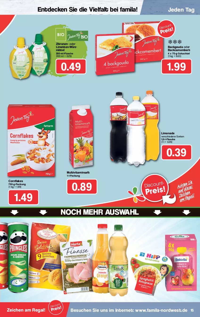 Aktueller Prospekt Famila - Prospekte - von 10.01 bis 15.01.2022 - strona 15 - produkty: camembert, decke, flakes, flasche, gouda, limette, limetten, limo, limonade, Mett, metten, Multivitaminsaft, regal, saft, Ti, vita, zitrone, zitronen